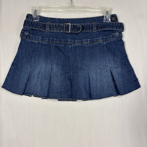 Denim Pleated Belted Mini Skirt Girls Sz 10 Medium Wash Y2K Academia Casual - Picture 1 of 9